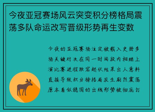 今夜亚冠赛场风云突变积分榜格局震荡多队命运改写晋级形势再生变数